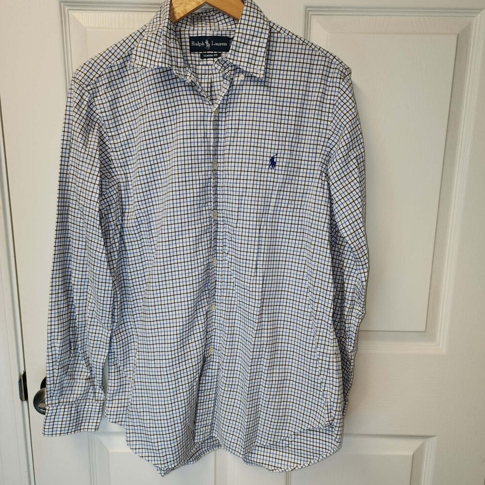 Ralph Lauren classic fit button down blue white checkered pattern Men Medium